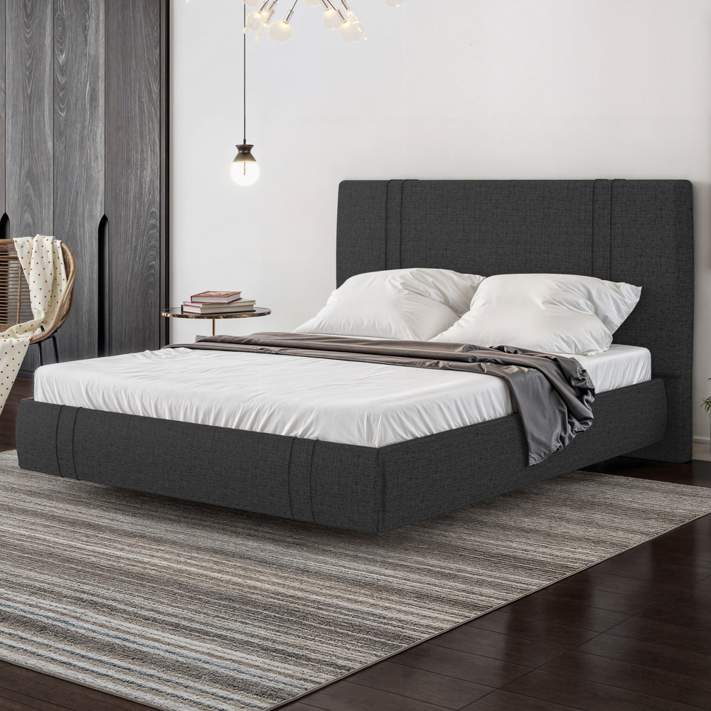 Cama Casal Flutuante Com Cabeceira 140cm Astra S04 Linho Preto - Lyam Decor