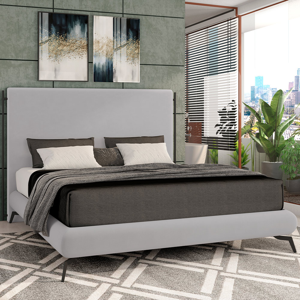 Cama Casal King Base Box Pés de Ferro Estilo Industrial 210cm Otto P05 Veludo Cinza - Lyam Decor