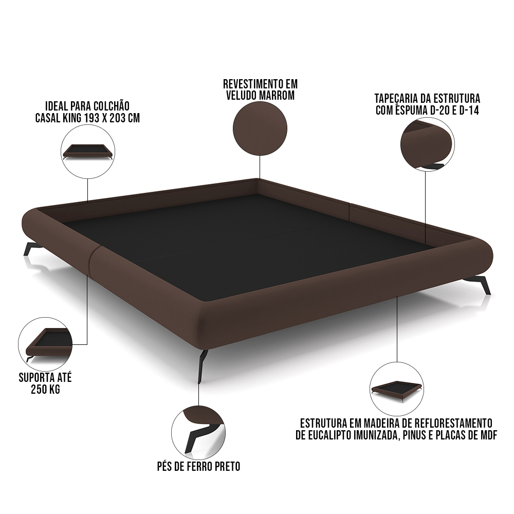 Cama Casal King Base Box Pés de Ferro Estilo Industrial 210cm Otto P05 Veludo Marrom - Lyam Decor