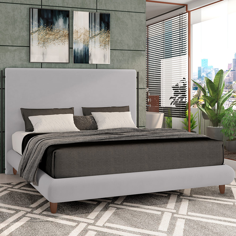 Cama Casal King Base Box Pés de Madeira 210cm Otto P05 Veludo Cinza - Lyam Decor