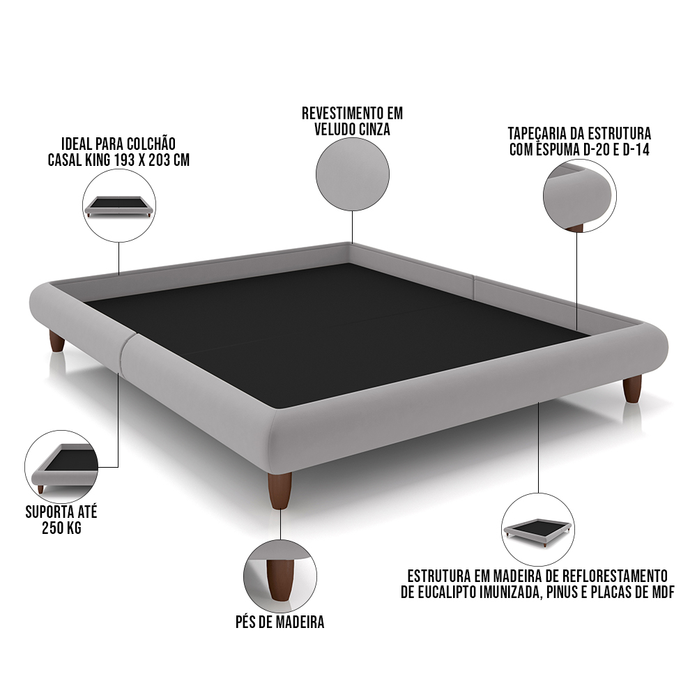 Cama Casal King Base Box Pés de Madeira 210cm Otto P05 Veludo Cinza - Lyam Decor