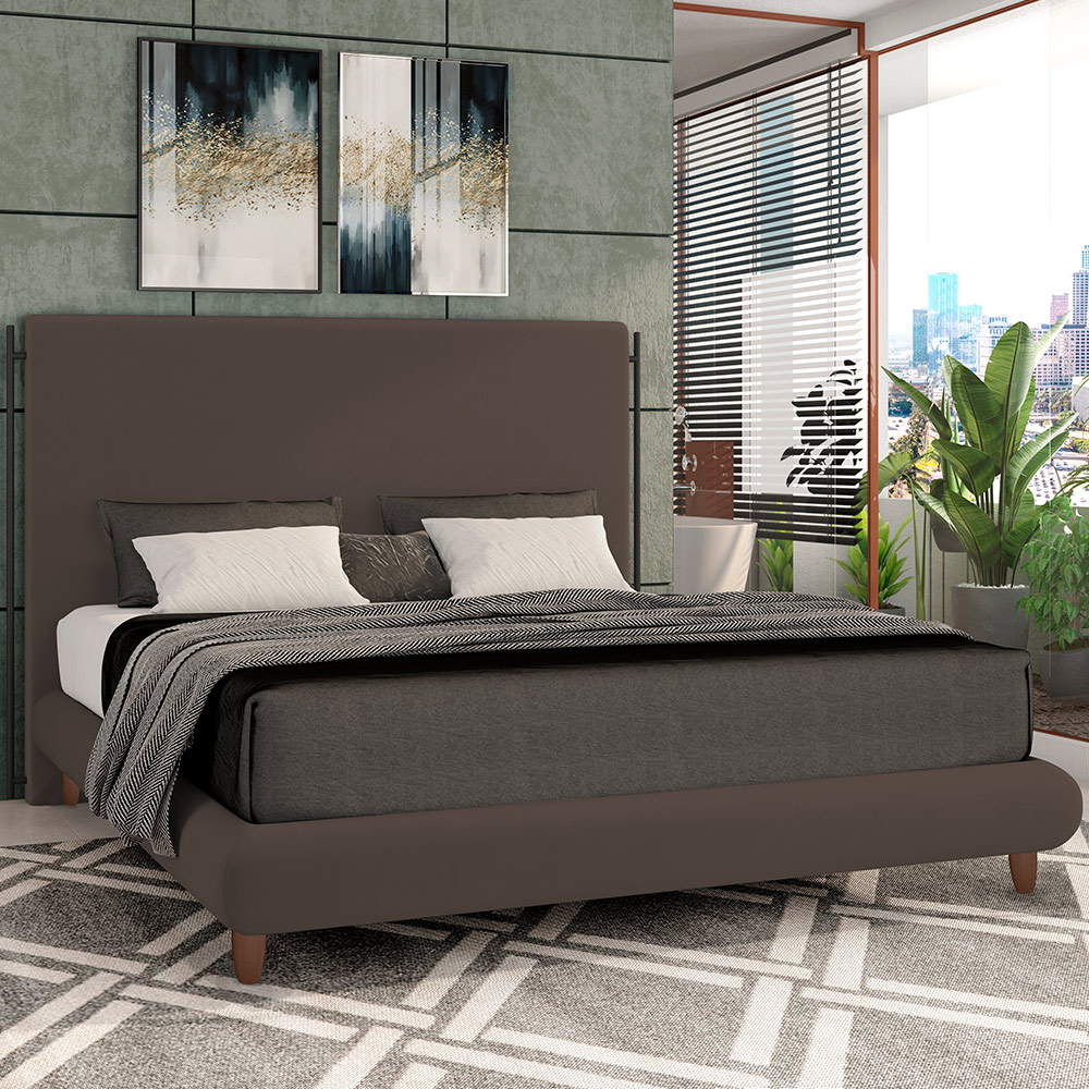Cama Casal King Base Box Pés de Madeira 210cm Otto P05 Veludo Marrom - Lyam Decor