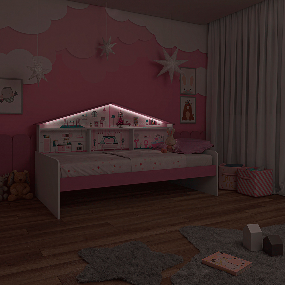 Cama Infantil Com Casa De Boneca Quarto Anna Led P04 Branco Rosa - Lyam Decor