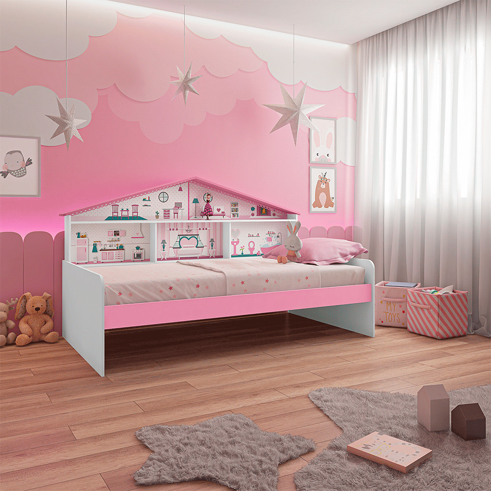 Cama Infantil Com Casa De Boneca Quarto Anna P04 Branco Rosa - Lyam Decor