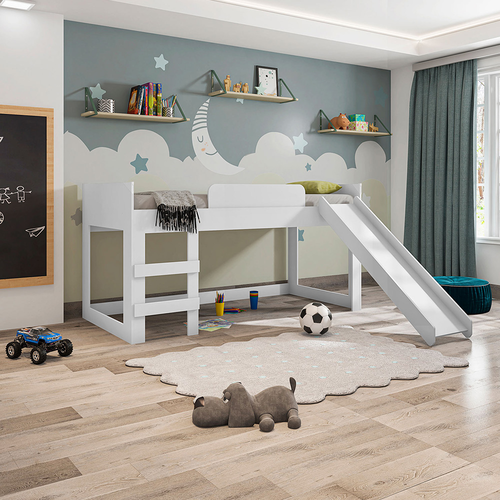 Cama Infantil Com Escorregador E Proteção Lateral Nate P04 Branco - Lyam Decor