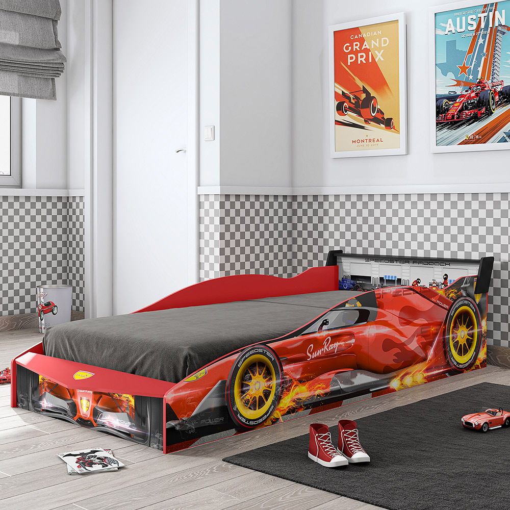 Cama Infantil Com Proteção Lateral E Porta Objetos Quarto Truck Led P04 Preto Vermelho - Lyam Decor