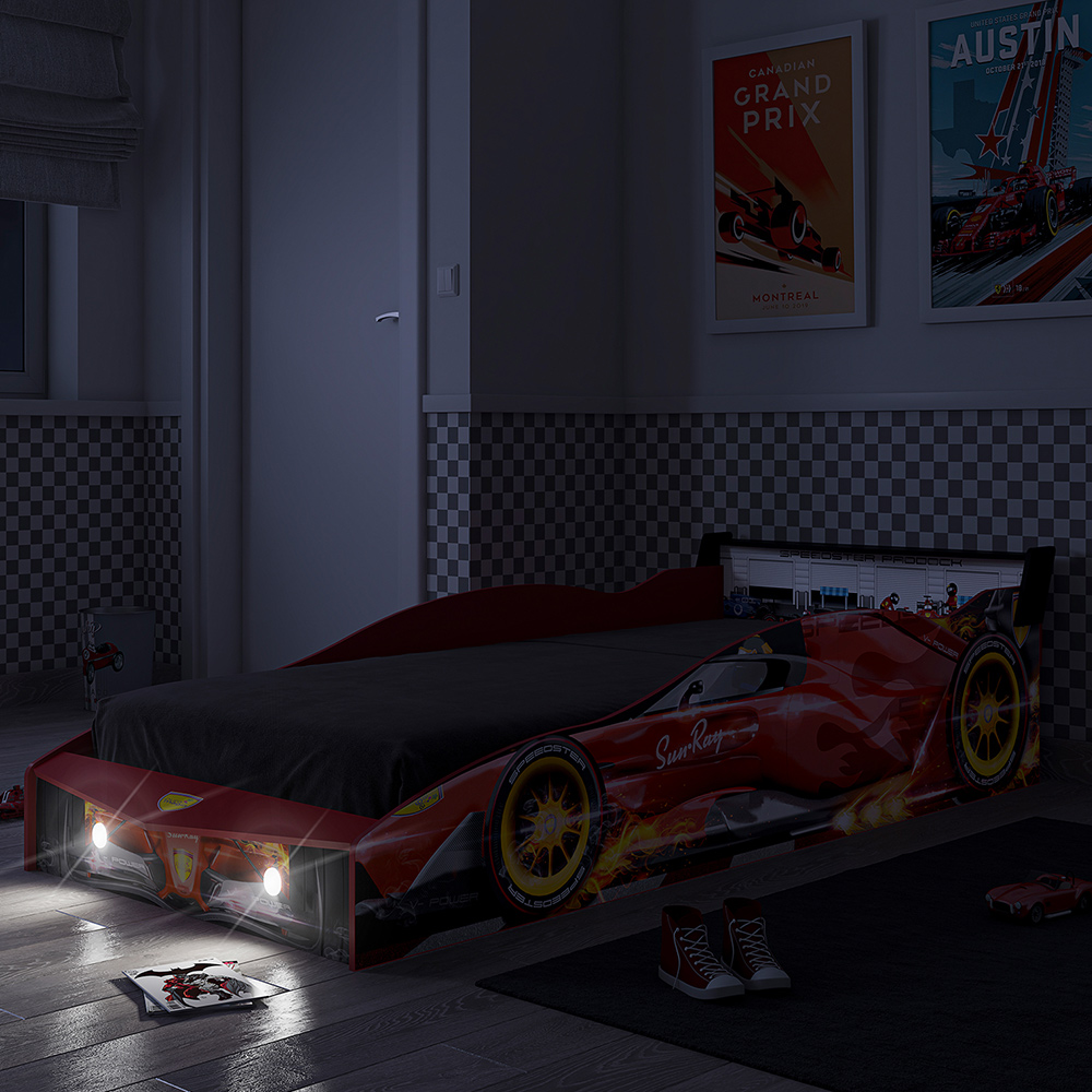 Cama Infantil Com Proteção Lateral E Porta Objetos Quarto Truck Led P04 Preto Vermelho - Lyam Decor