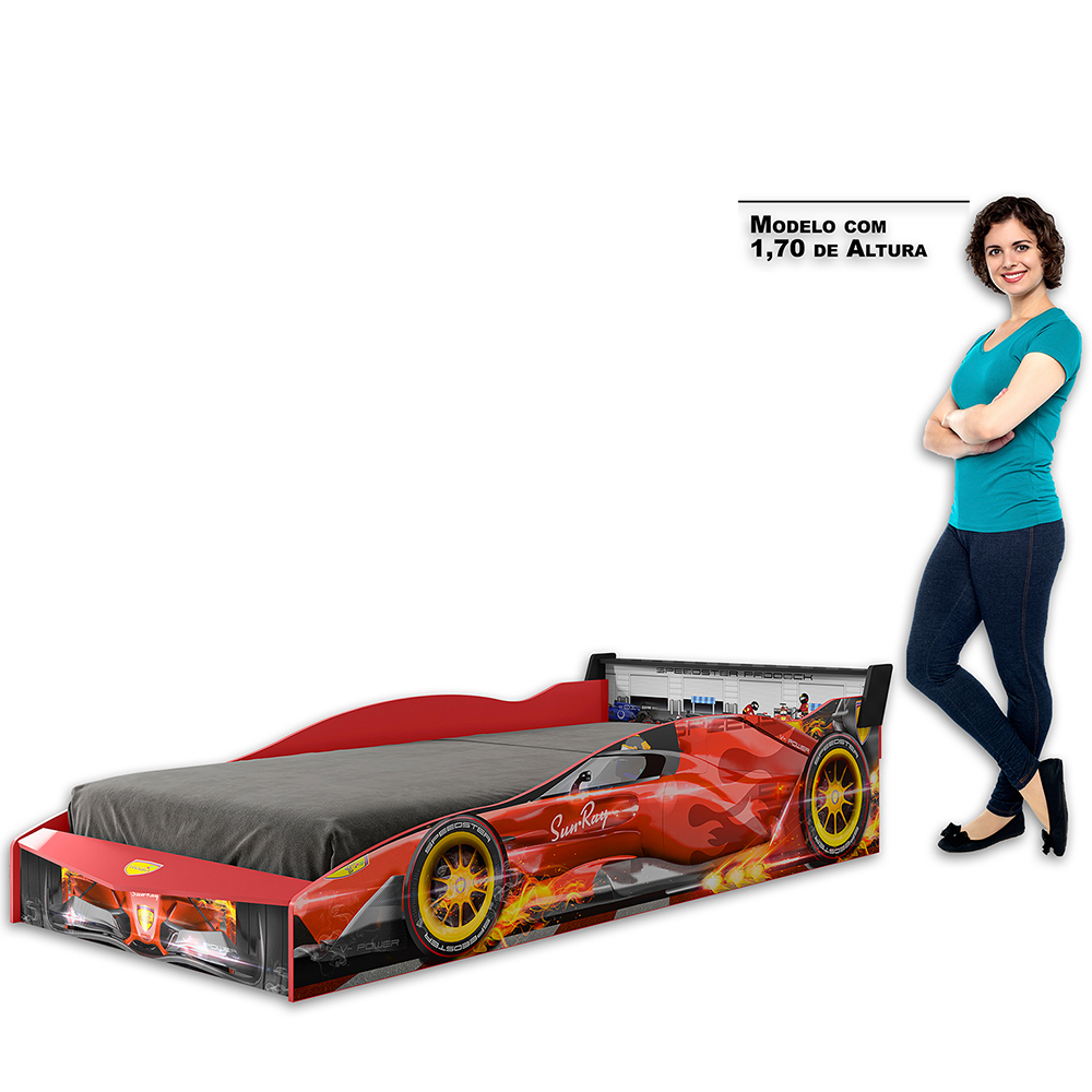 Cama Infantil Com Proteção Lateral E Porta Objetos Quarto Truck Led P04 Preto Vermelho - Lyam Decor