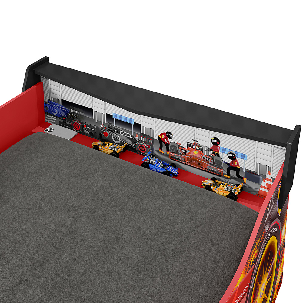 Cama Infantil Com Proteção Lateral E Porta Objetos Quarto Truck Led P04 Preto Vermelho - Lyam Decor