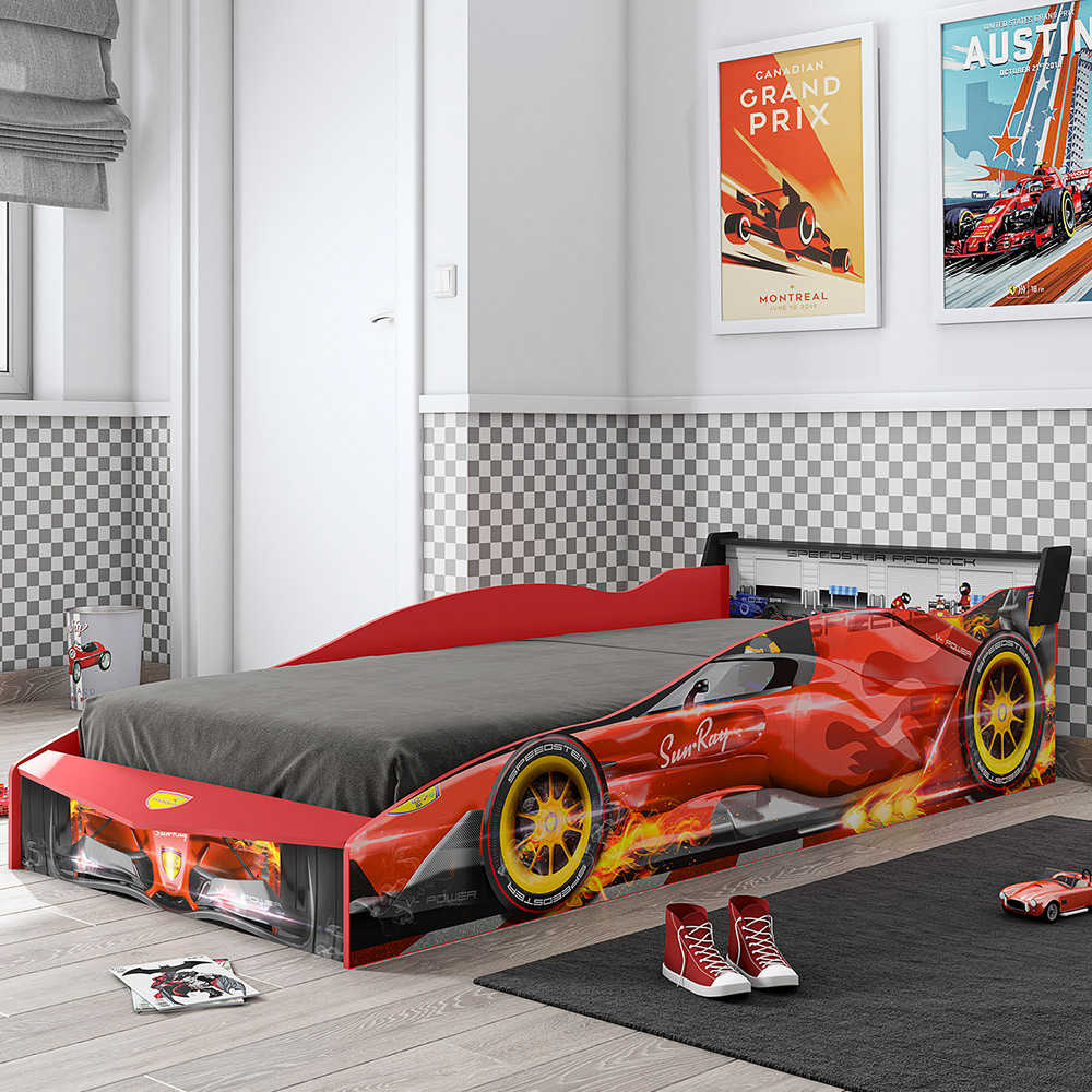 Cama Infantil Com Proteção Lateral E Porta Objetos Quarto Truck P04 Preto Vermelho - Lyam Decor