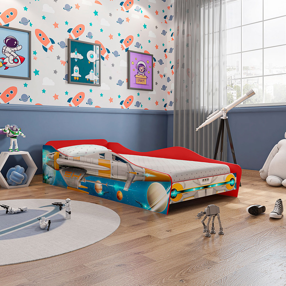 Cama Infantil Com Proteção Lateral Quarto Chess Led P04 Vermelho Azul - Lyam Decor