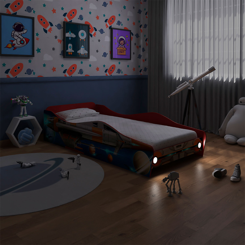 Cama Infantil Com Proteção Lateral Quarto Chess Led P04 Vermelho Azul - Lyam Decor