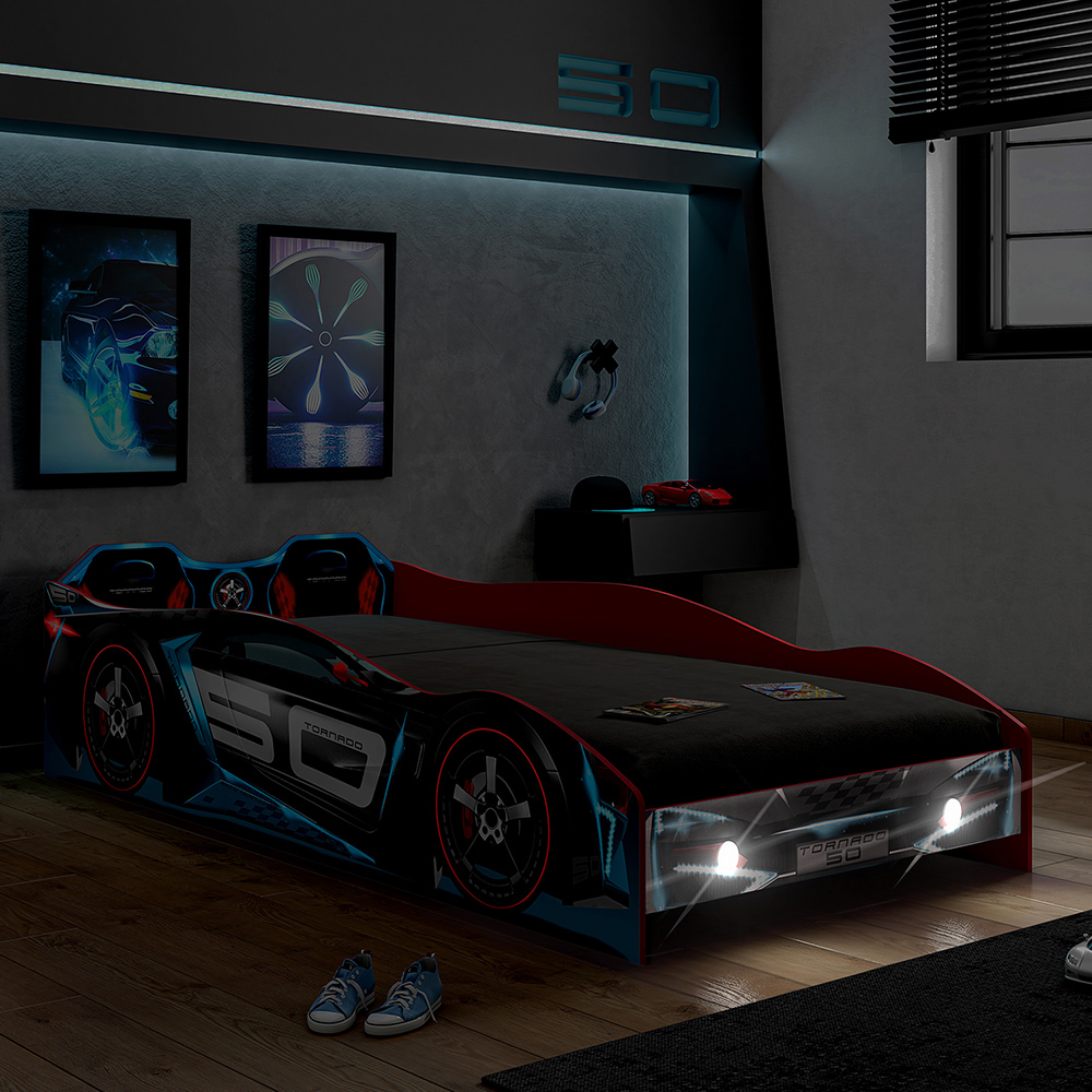 Cama Infantil Com Proteção Lateral Quarto Speed Run Led P04 Vermelho Azul - Lyam Decor