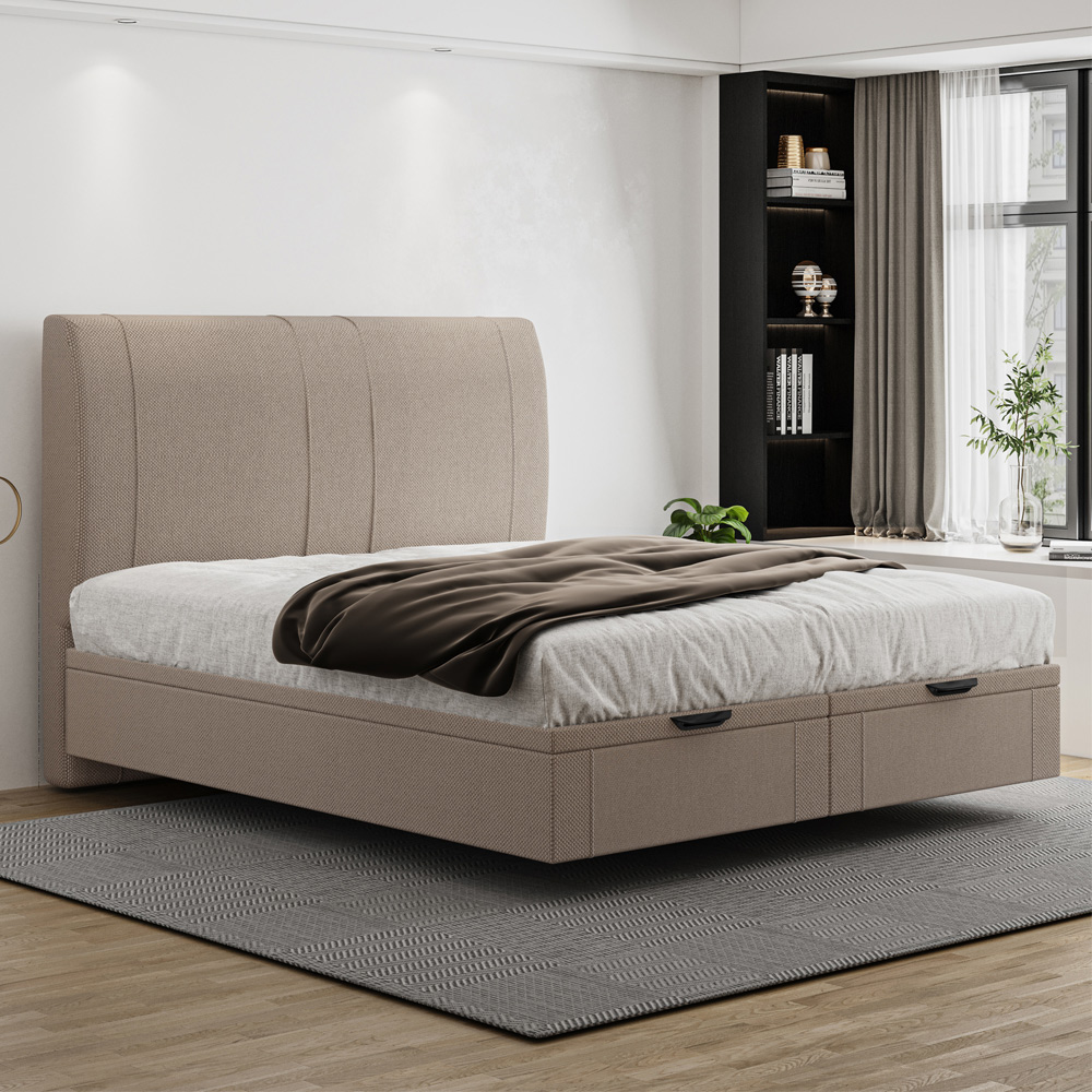 Cama King Baú Flutuante Com Cabeceira 195cm Spazio S04 Linho Bege - Lyam Decor