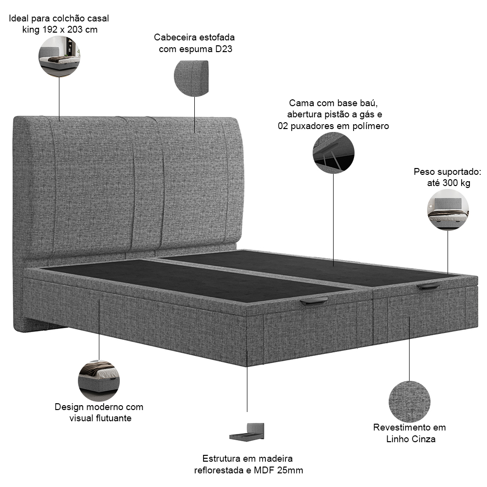 Cama King Baú Flutuante Com Cabeceira 195cm Spazio S04 Linho Cinza - Lyam Decor