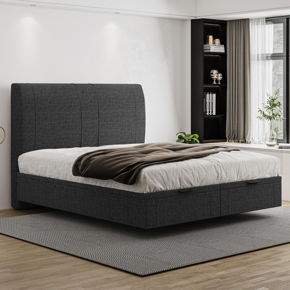 Cama King Baú Flutuante Com Cabeceira 195cm Spazio S04 Linho Preto - Lyam Decor