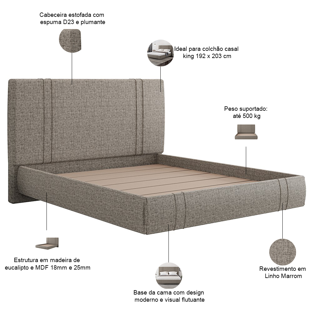 Cama King Flutuante Com Cabeceira 195cm Astra S04 Linho Marrom - Lyam Decor