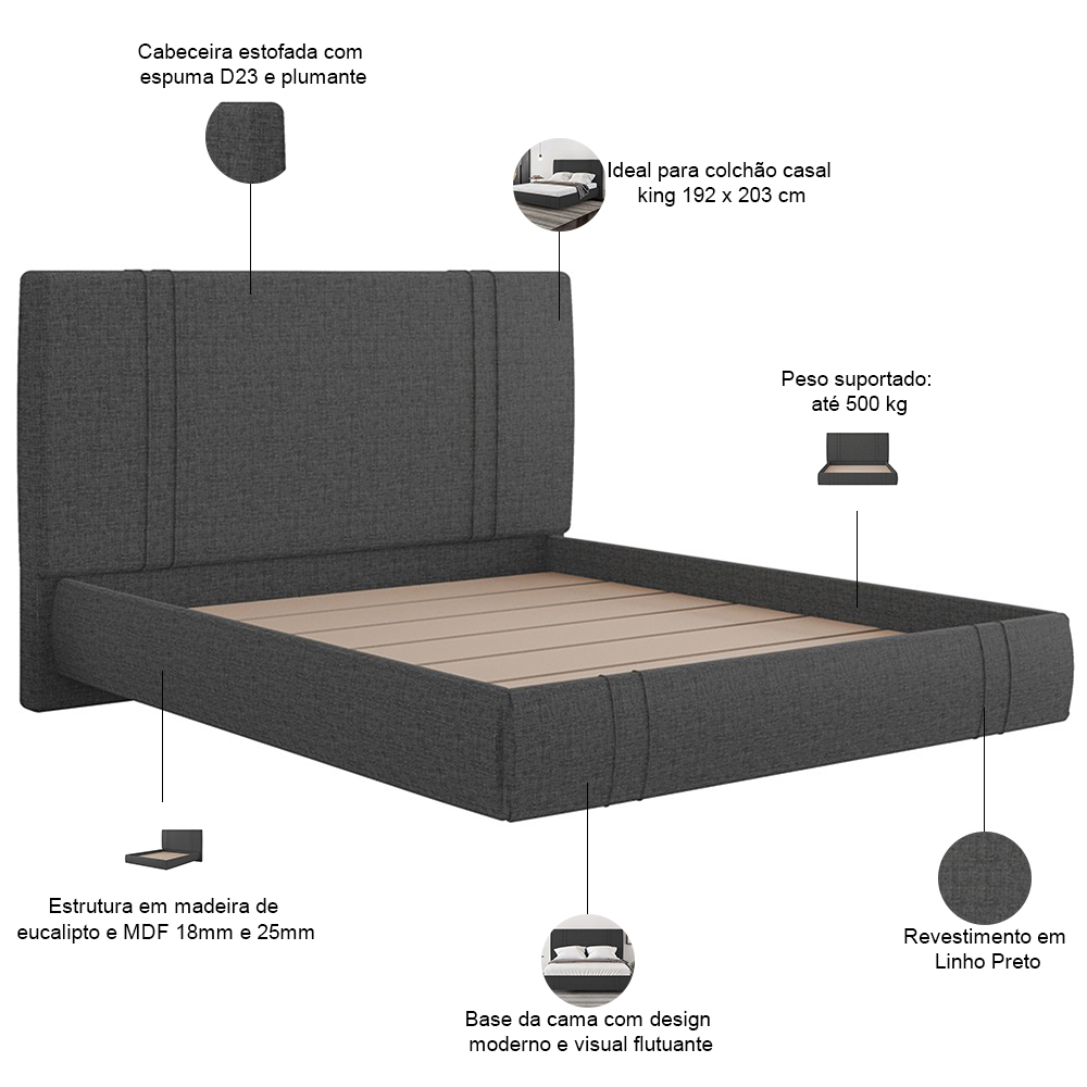 Cama King Flutuante Com Cabeceira 195cm Astra S04 Linho Preto - Lyam Decor