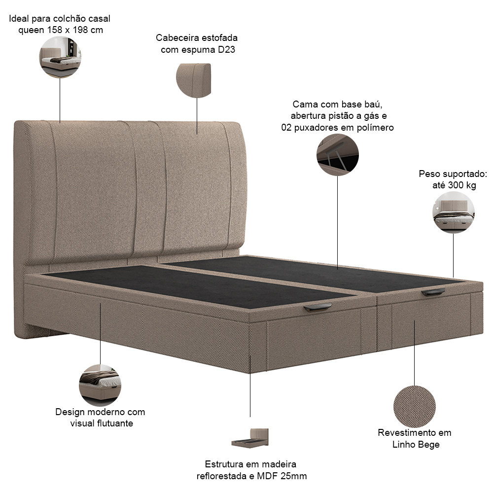 Cama Queen Baú Flutuante Com Cabeceira 160cm Spazio S04 Linho Bege - Lyam Decor