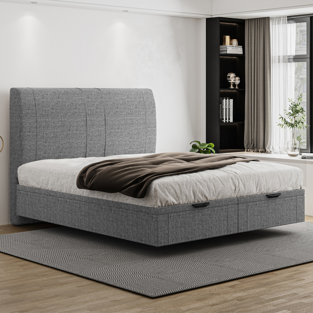Cama Queen Baú Flutuante Com Cabeceira 160cm Spazio S04 Linho Cinza - Lyam Decor