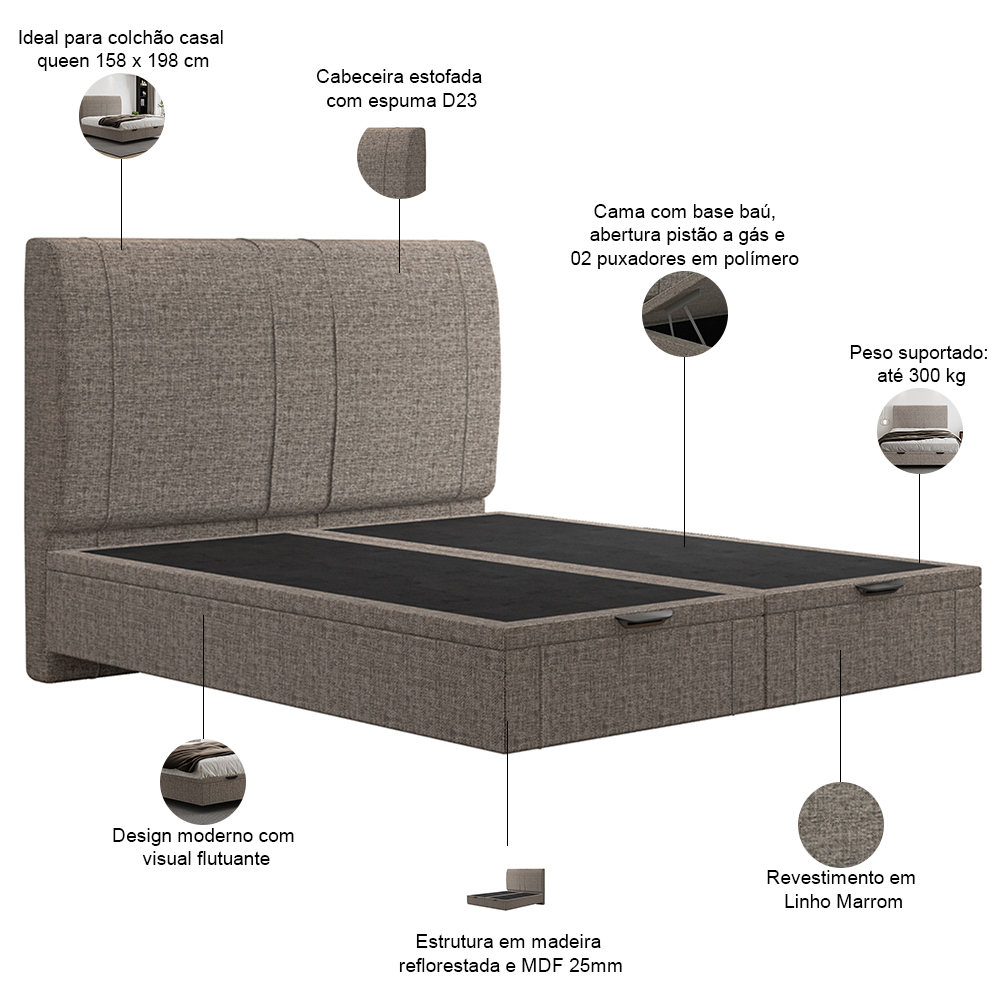 Cama Queen Baú Flutuante Com Cabeceira 160cm Spazio S04 Linho Marrom - Lyam Decor