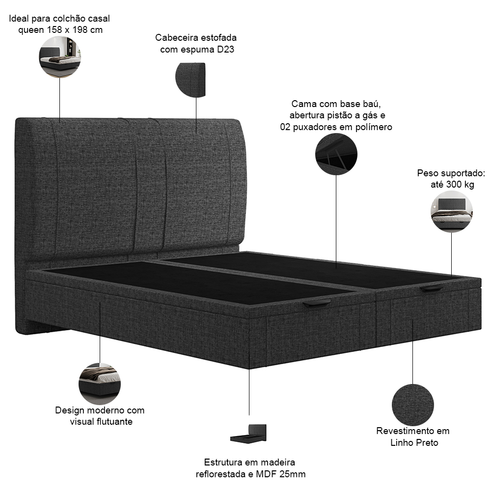 Cama Queen Baú Flutuante Com Cabeceira 160cm Spazio S04 Linho Preto - Lyam Decor
