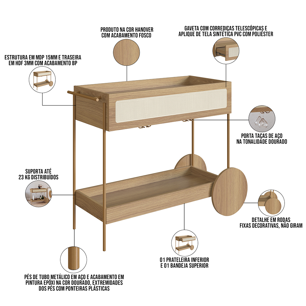 Carrinho Bar Com Porta Taças Industrial Indy A03 Hanover Dourado - Lyam Decor