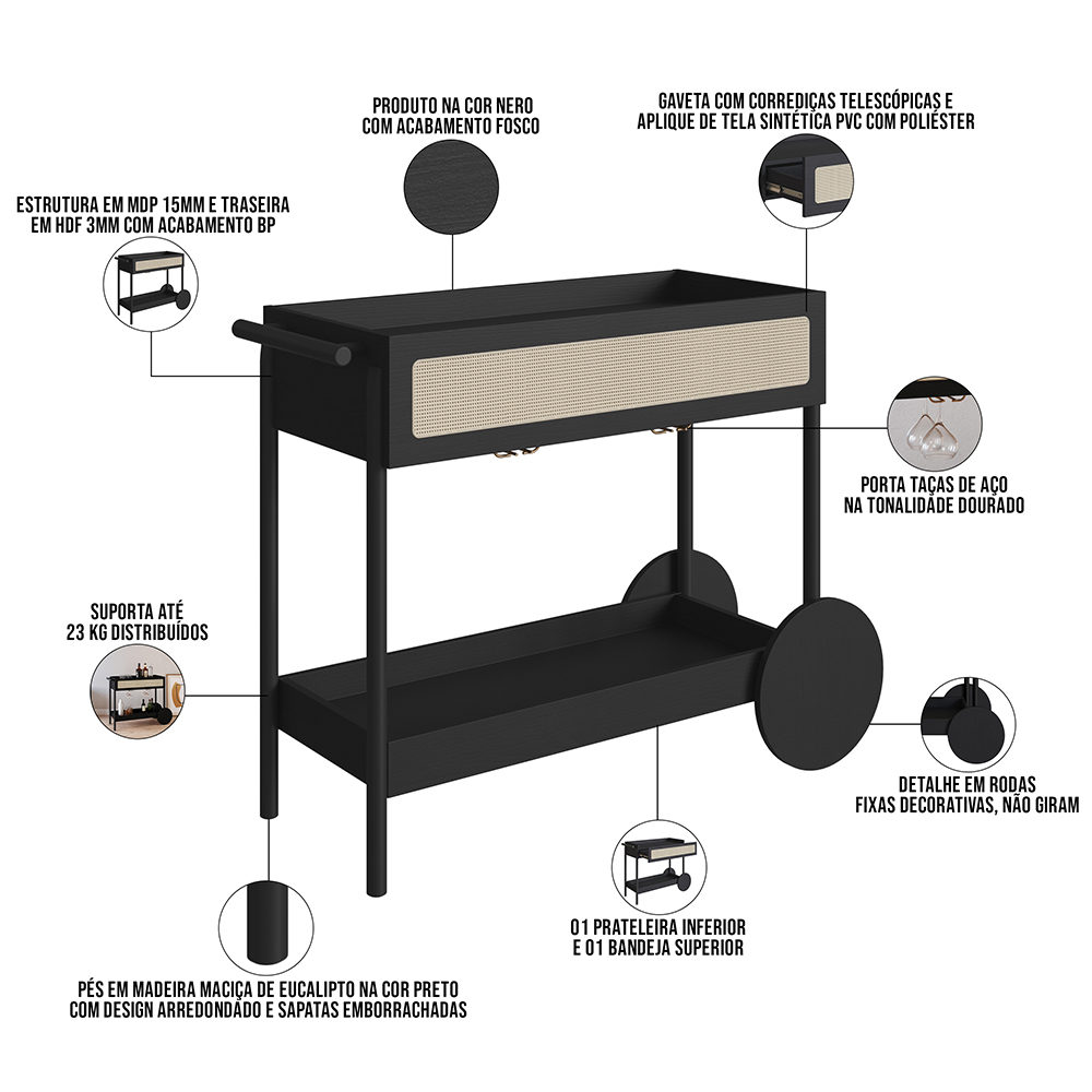 Carrinho Bar Com Porta Taças Pés Madeira Moss A03 Nero Preto - Lyam Decor