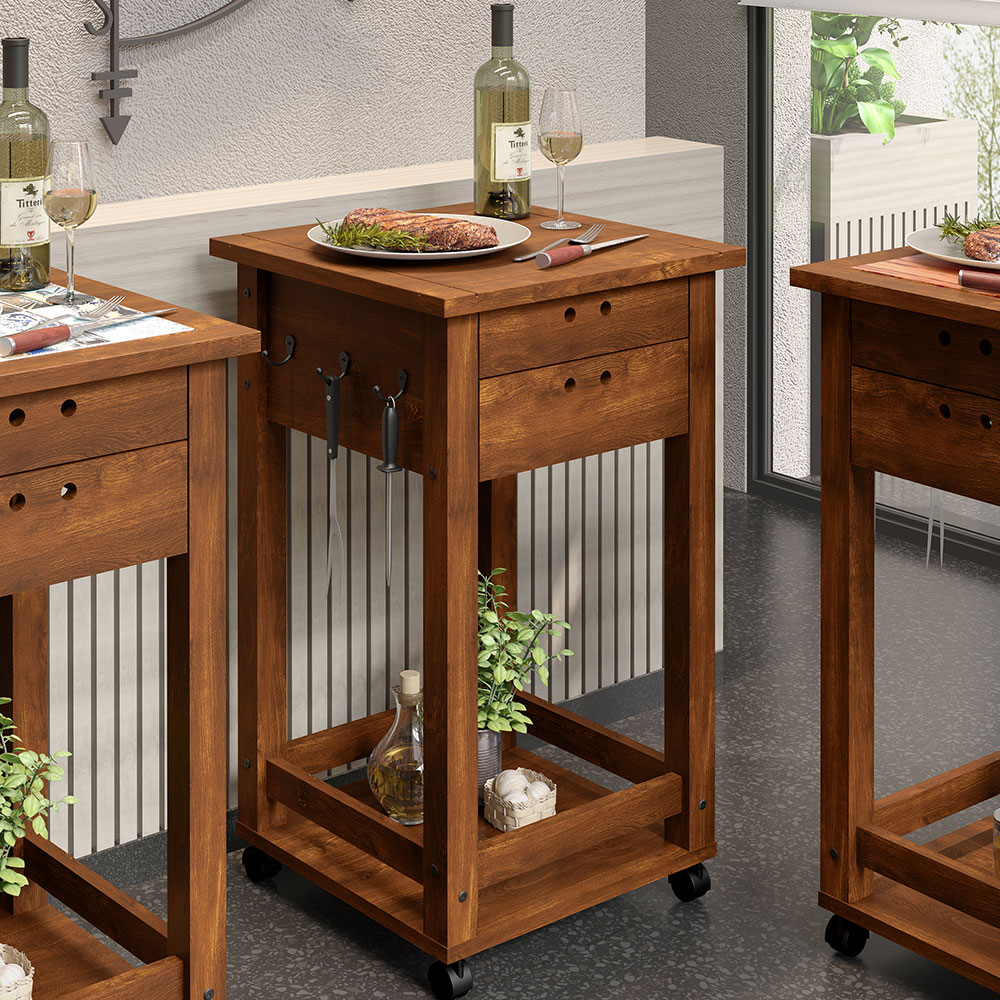 Carrinho Churrasco 2 Gavetas Mesa Churrasqueira 90x50 New W02 Madeira Maciça Imbuia - Lyam Decor