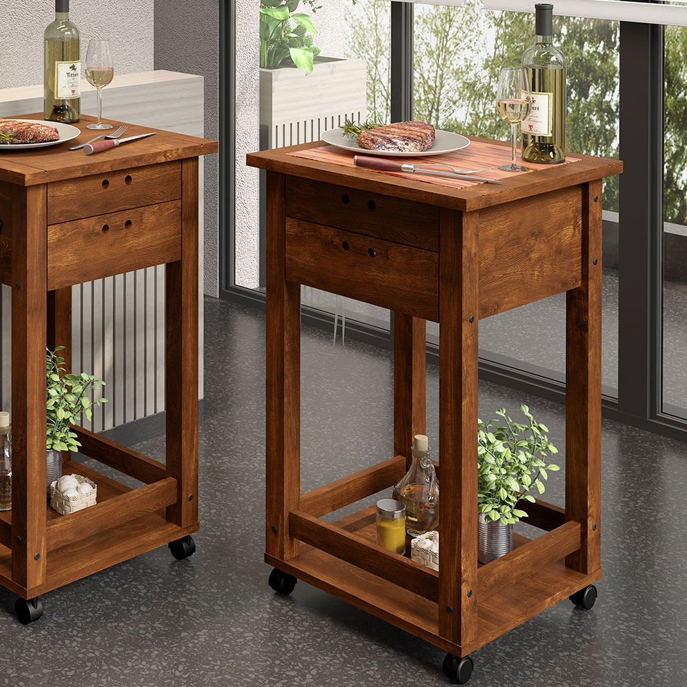 Carrinho Churrasco Mesa 2 Gavetas 90x50 Tábua De Cortes New W02 Madeira Maciça Imbuia - Lyam Decor
