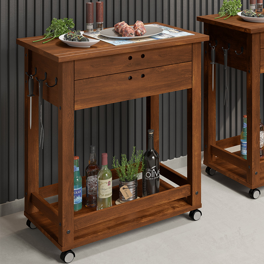 Carrinho De Churrasco Churrasqueira Cerâmica 2 Gavetas New W02 Madeira Maciça Imbuia - Lyam Decor