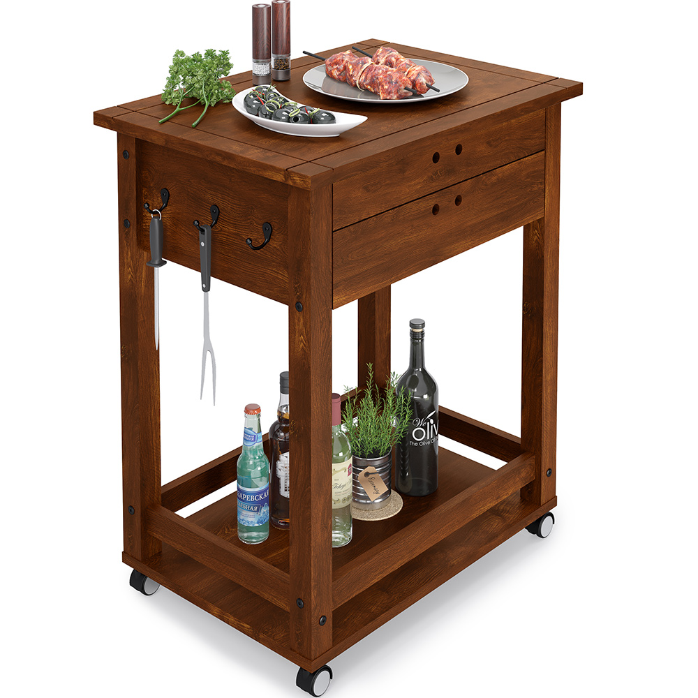 Carrinho De Churrasco Mesa Churrasqueira Com 2 Gavetas New W02 Madeira Maciça Imbuia - Lyam Decor