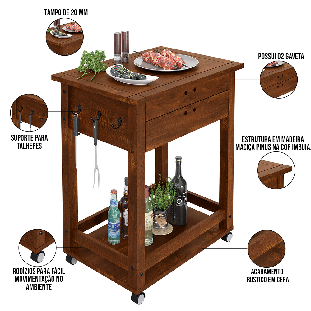 Carrinho De Churrasco Mesa Churrasqueira Com 2 Gavetas New W02 Madeira Maciça Imbuia - Lyam Decor