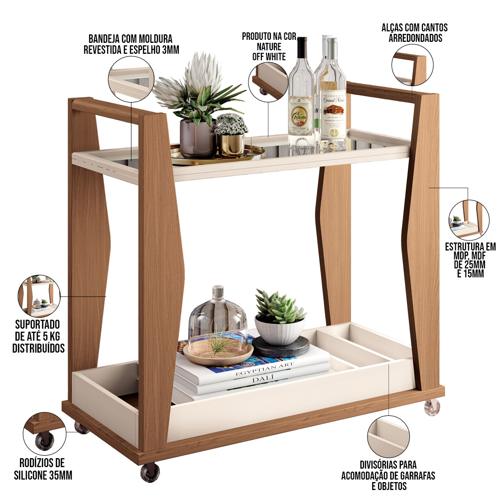 Carrinho Decorativo Para Sala Bar Café Multiuso 90cm B01 Belga Off White Nature - Lyam Decor