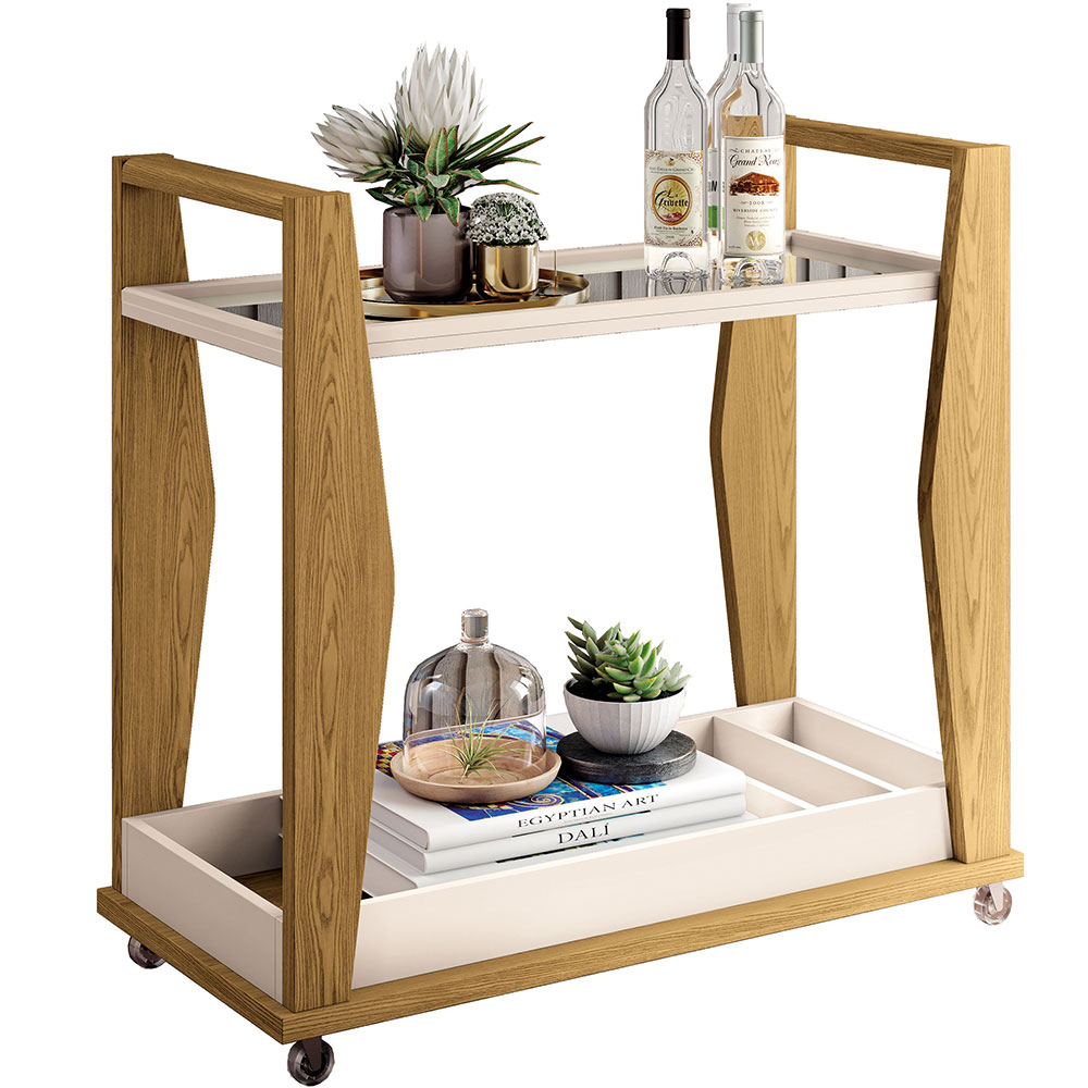 Carrinho Decorativo Para Sala Bar Café Multiuso B01 Belga Off White Carvalho Intense - Lyam Decor