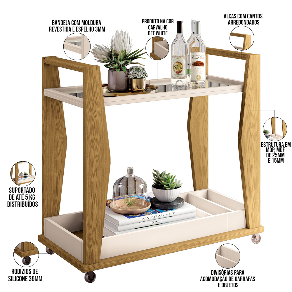 Carrinho Decorativo Para Sala Bar Café Multiuso B01 Belga Off White Carvalho Intense - Lyam Decor