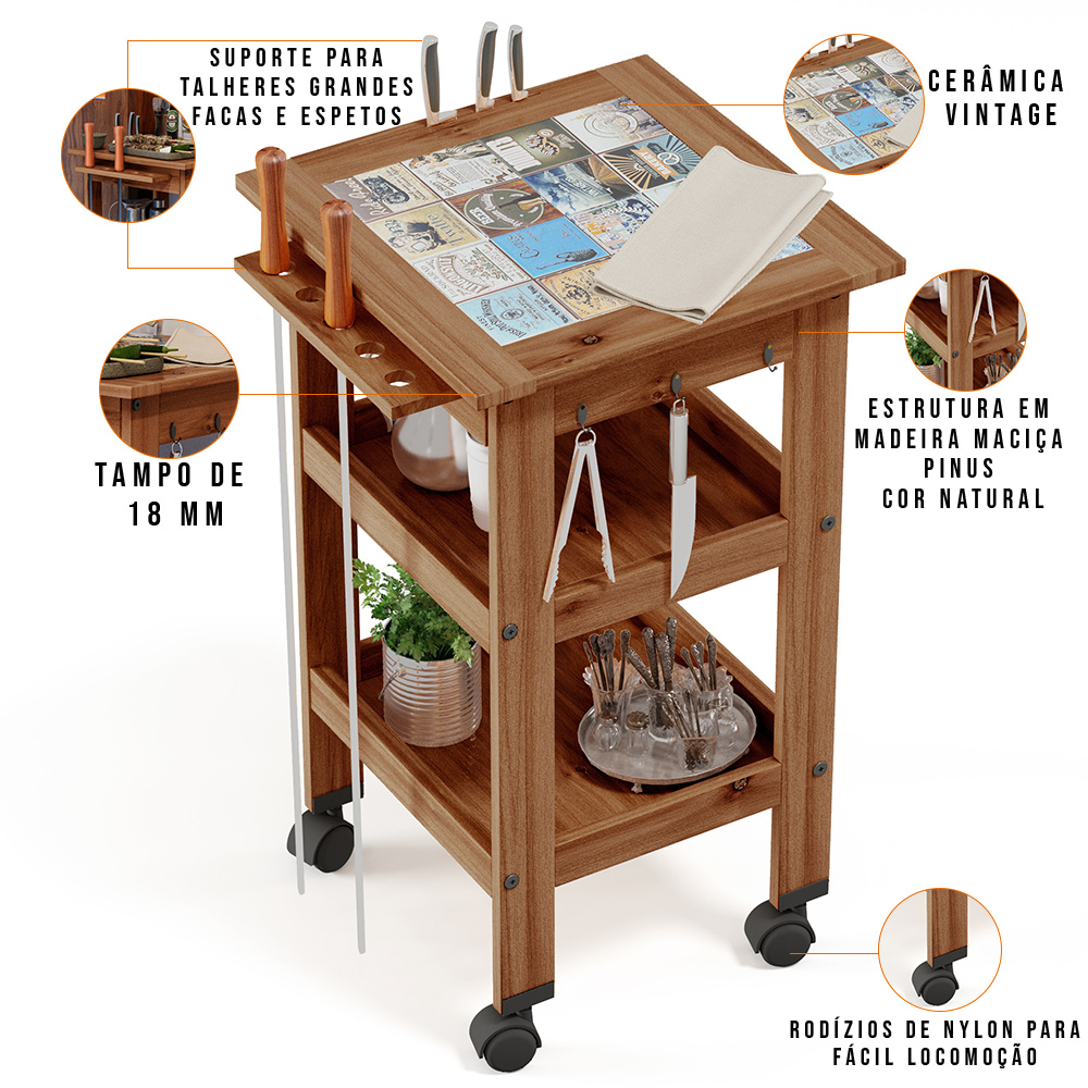 Carrinho de Churrasco Mesa Gourmet Bistrô Cerâmica Churrasqueira W02 Madeira Maciça Imbuia - Lyam Decor