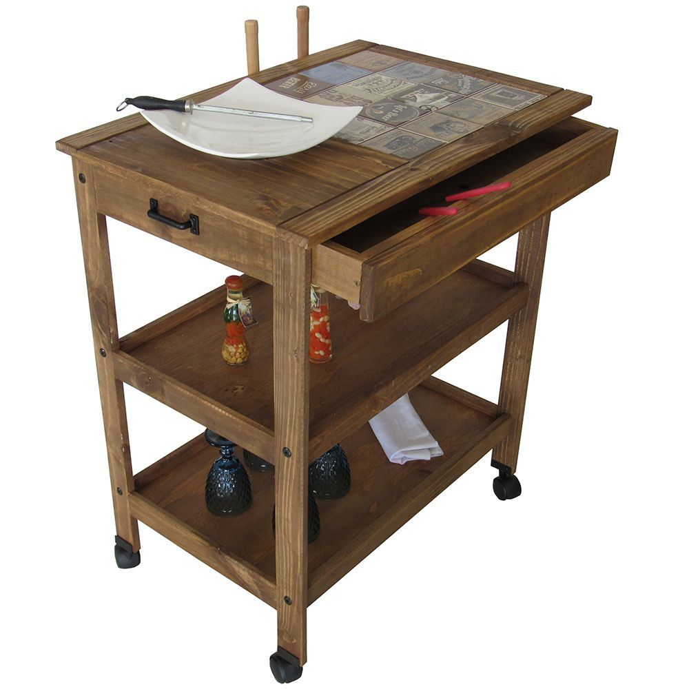 Carrinho de Churrasco Mesa Gourmet Cerâmica Churrasqueira W02 Madeira Maciça Imbuia - Lyam Decor