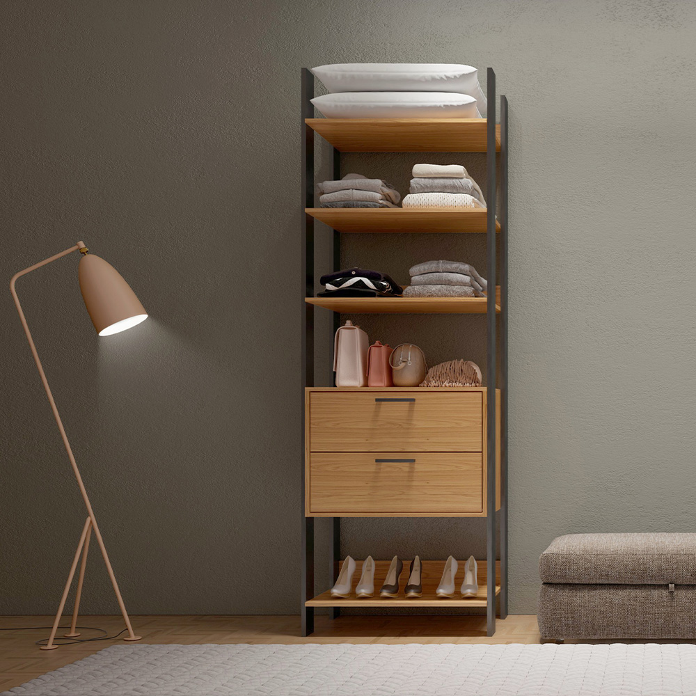 Closet Guarda Roupa 05 Prateleiras Modulado 02 Gavetas 220x73 Cm Leaf D03 Freijó Preto - Lyam Decor
