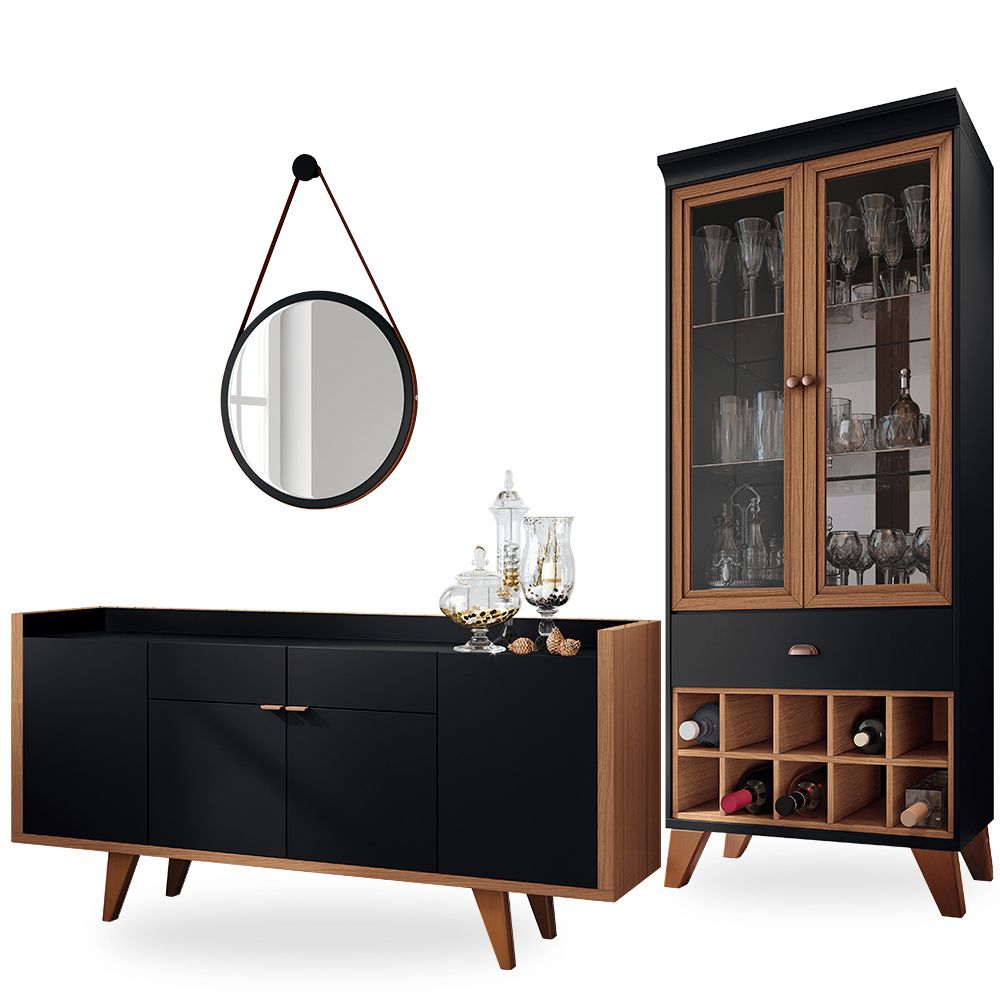 Conjunto Aparador Havana com Espelho Adnet 54cm e Cristaleira B01 Luma Preto Nature - Lyam Decor