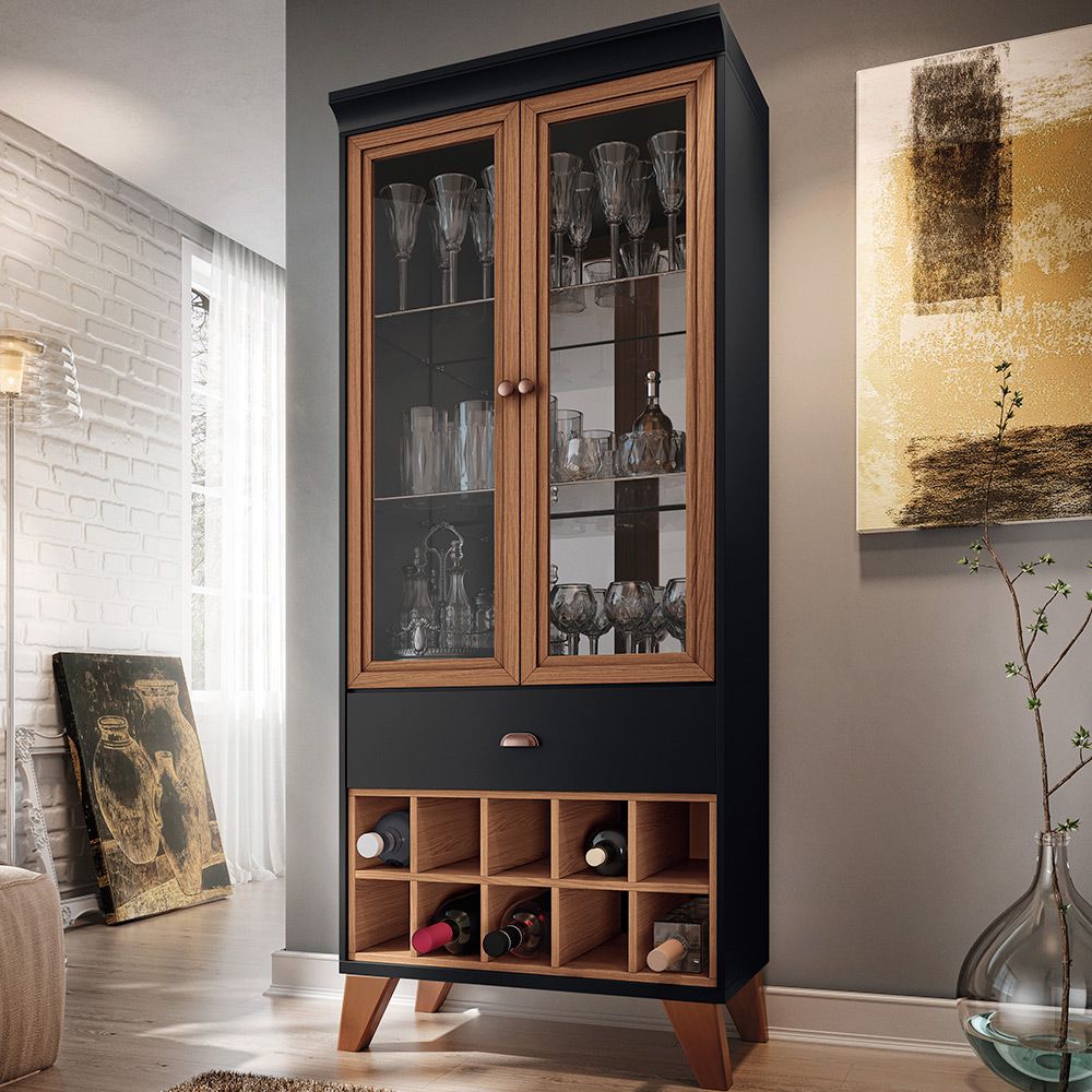 Conjunto Aparador Havana com Espelho Adnet 54cm e Cristaleira B01 Luma Preto Nature - Lyam Decor