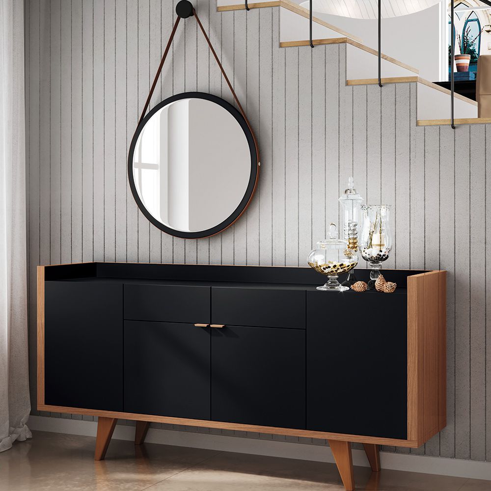 Conjunto Aparador Havana com Espelho Adnet 54cm e Cristaleira B01 Luma Preto Nature - Lyam Decor