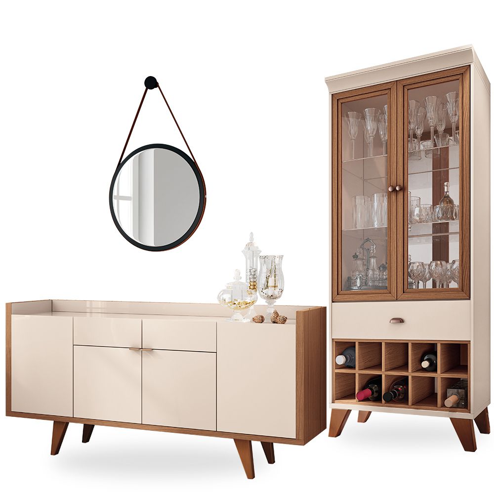Conjunto Aparador Havana com Espelho Adnet 54cm e Cristaleira Luma B01 Off White Nature - Lyam Decor
