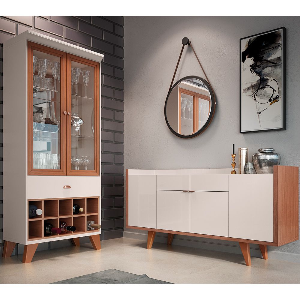 Conjunto Aparador Havana com Espelho Adnet 54cm e Cristaleira Luma B01 Off White Nature - Lyam Decor