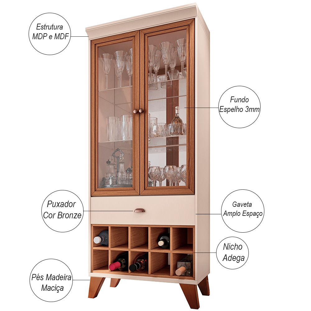 Conjunto Aparador Havana com Espelho Adnet 54cm e Cristaleira Luma B01 Off White Nature - Lyam Decor