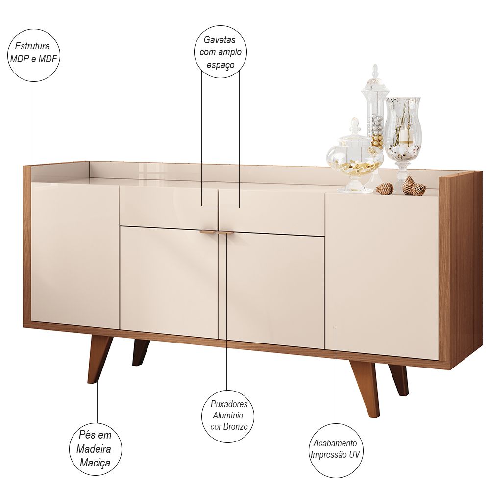 Conjunto Aparador Havana com Espelho Adnet 54cm e Cristaleira Luma B01 Off White Nature - Lyam Decor