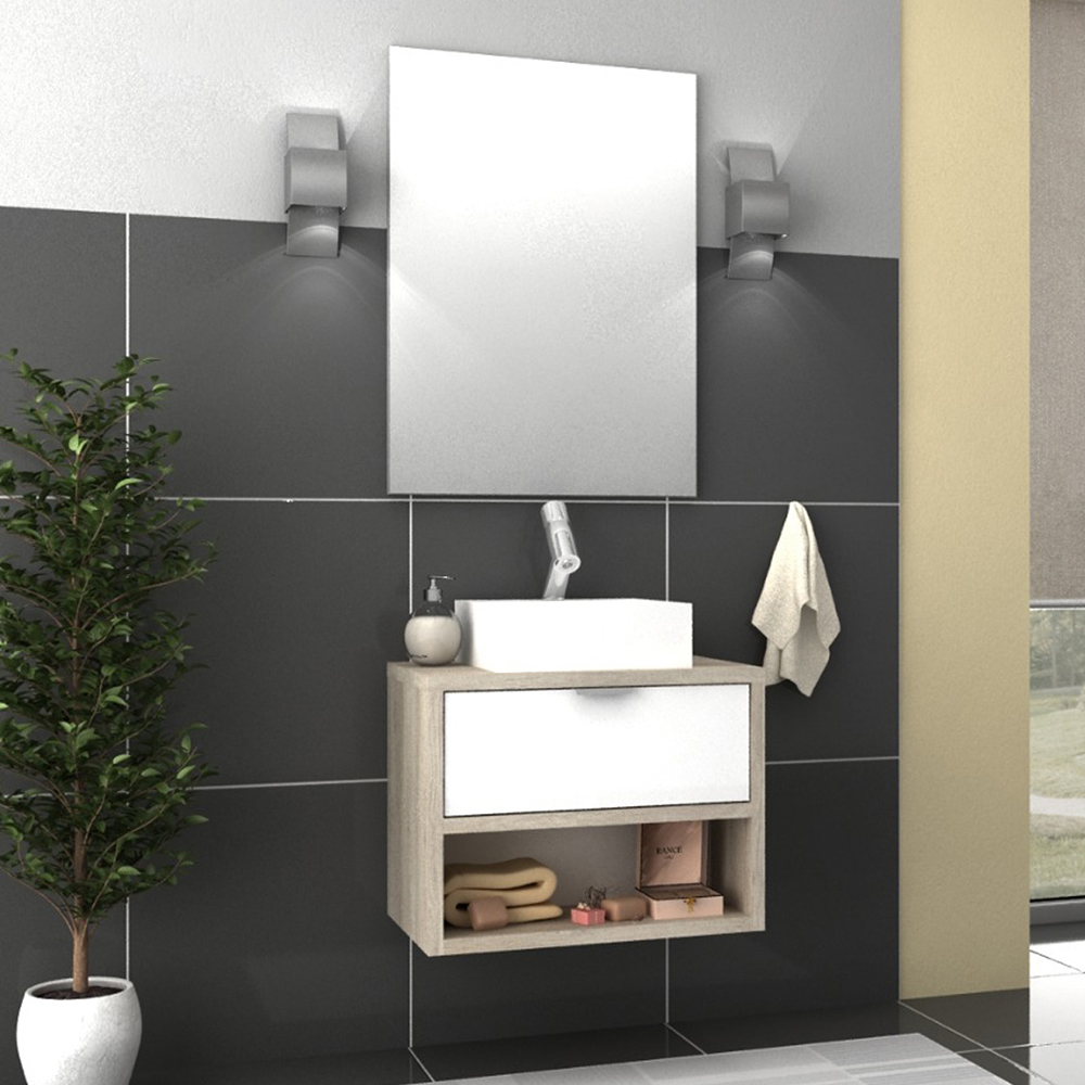 Conjunto Banheiro Gabinete 60cm 01 Gaveta Com Cuba E Espelho Malta B06 Barrique Branco - Lyam Decor