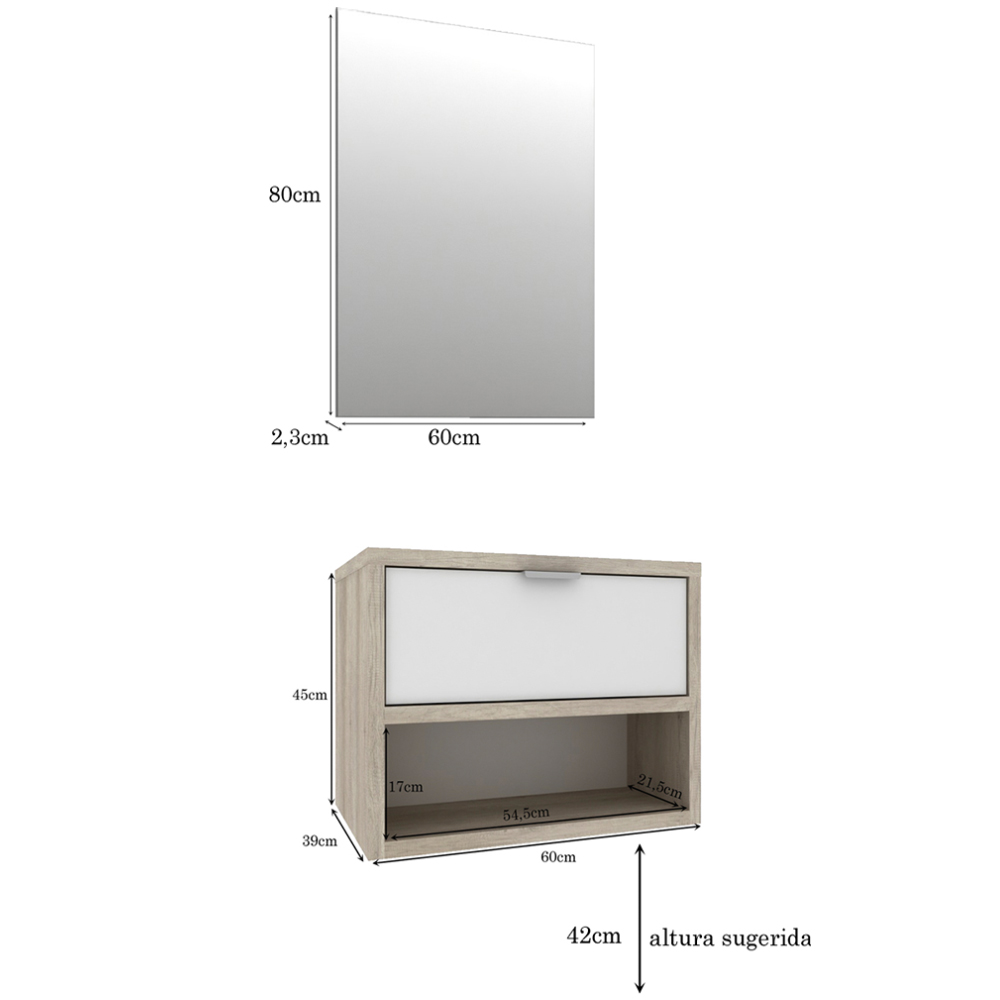 Conjunto Banheiro Gabinete 60cm 01 Gaveta Com Cuba E Espelho Malta B06 Barrique Branco - Lyam Decor