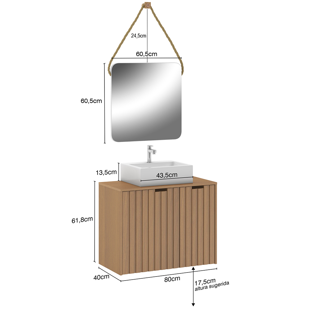 Conjunto Banheiro Gabinete 60cm Com Cuba E Espelho Nice B06 Nogal Noce Amêndoa - Lyam Decor