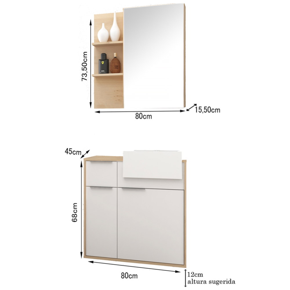 Conjunto Banheiro Gabinete 80cm 02 Gavetas Com Armário E Cuba Jazz B06 Faia Branco - Lyam Decor